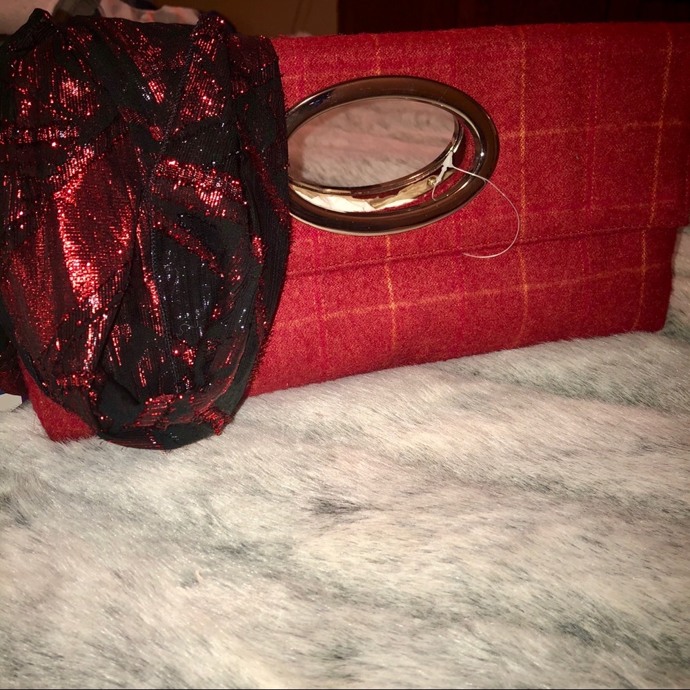 Putu by J.Maclear Retro Dark Red Plaid Felt Clutch - Picture 7 of 8
